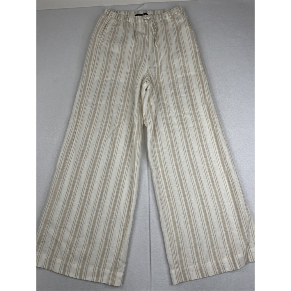 Central Park West Women's High Rise Striped Linen Blend Wide Leg Pants M NWT